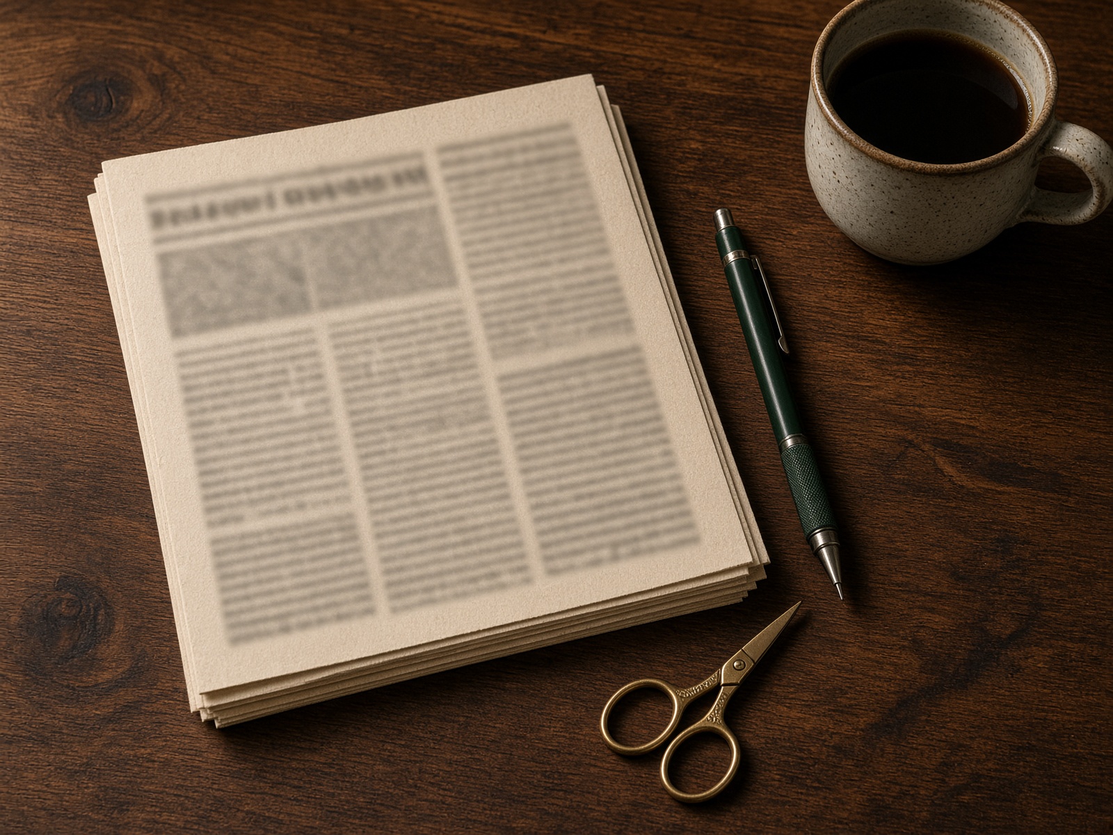 Editor’s desk with cream newsprint, a pencil, and a coffee mug in warm tungsten light.